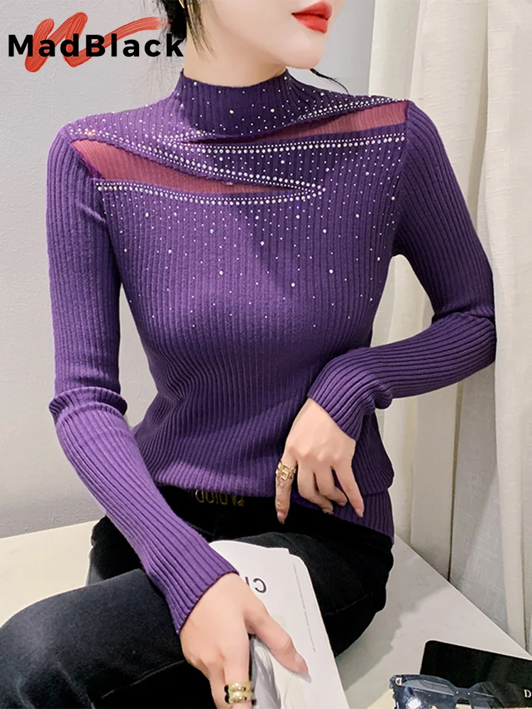 

MadBlack European Clothes Sweaters Women Sexy Mock Neck Shiny Hot Drill Slim Knit Top Long Sleeve Pullovers Spring Fall T39822JM