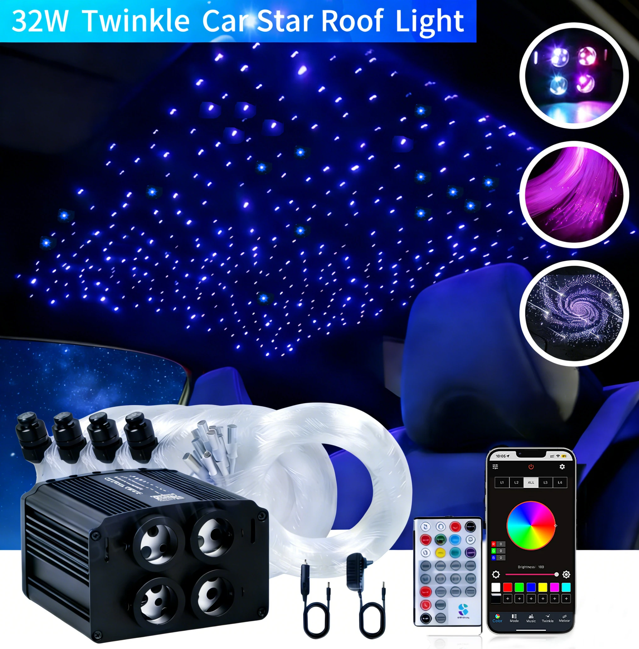 32W 4 Port 2-in-1 Twinkle Starlight Headliner RGBW Meteor Fiber Optic Ceiling Roof Star Light APP Remote Car Home Star Sky Light