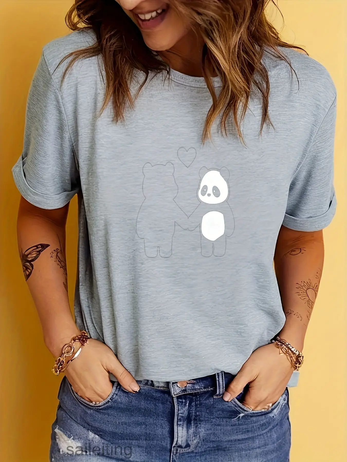 Cute Bear Line Drawing T-Shirt Women Men Short Sleeve Summer Tee Casual Minimalist Panda Heart Print Oversized Top Gift