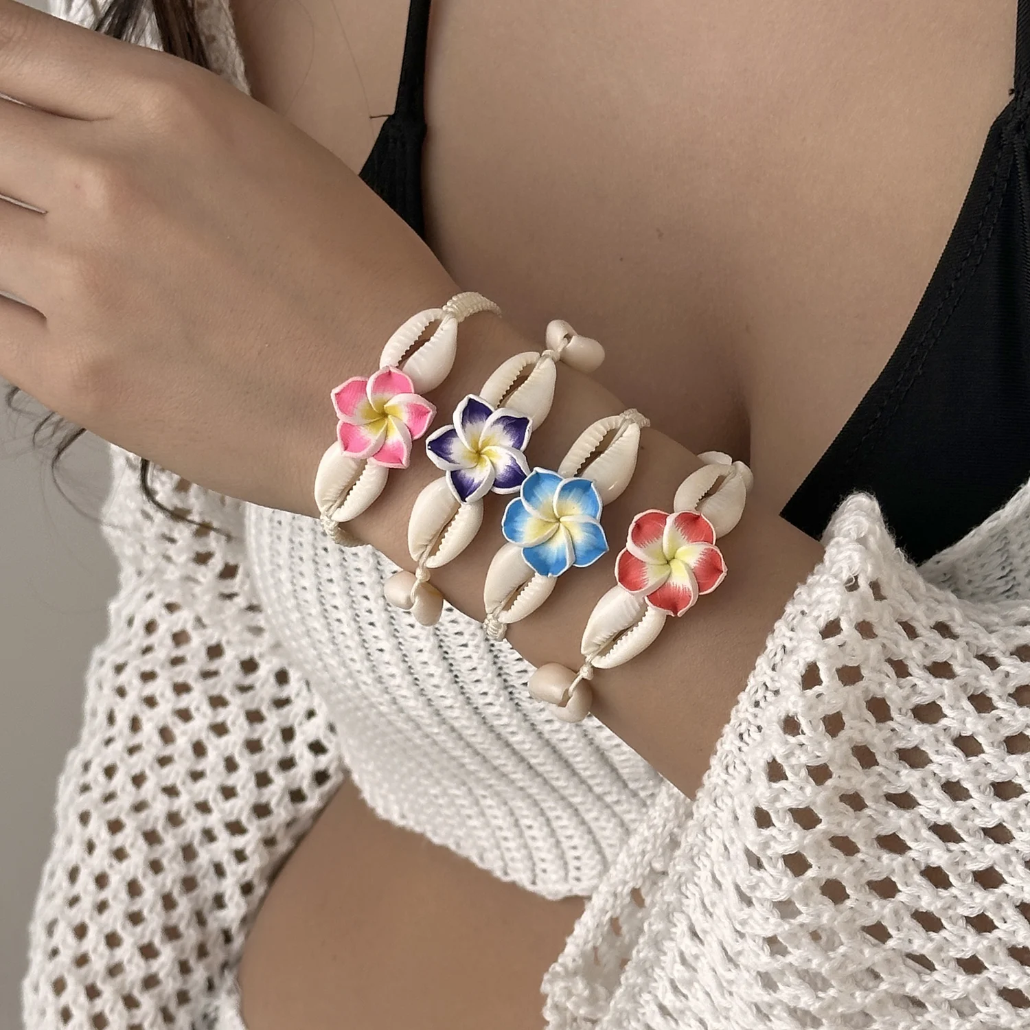 Bohemian Big Flower Sea Shell Charm Bracelets For Women Pink Blue Green Flower Soft Clay Pottery Beaded Bangles Handmade Jewelry view 2