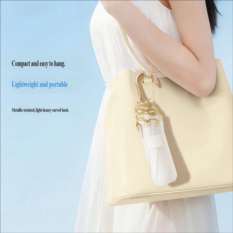 Embroidered Sun Umbrella for Women, UV Protection, Curved Hook Handle, Folding Parasol, High-end Feeling, Sun & Rain Dual Use