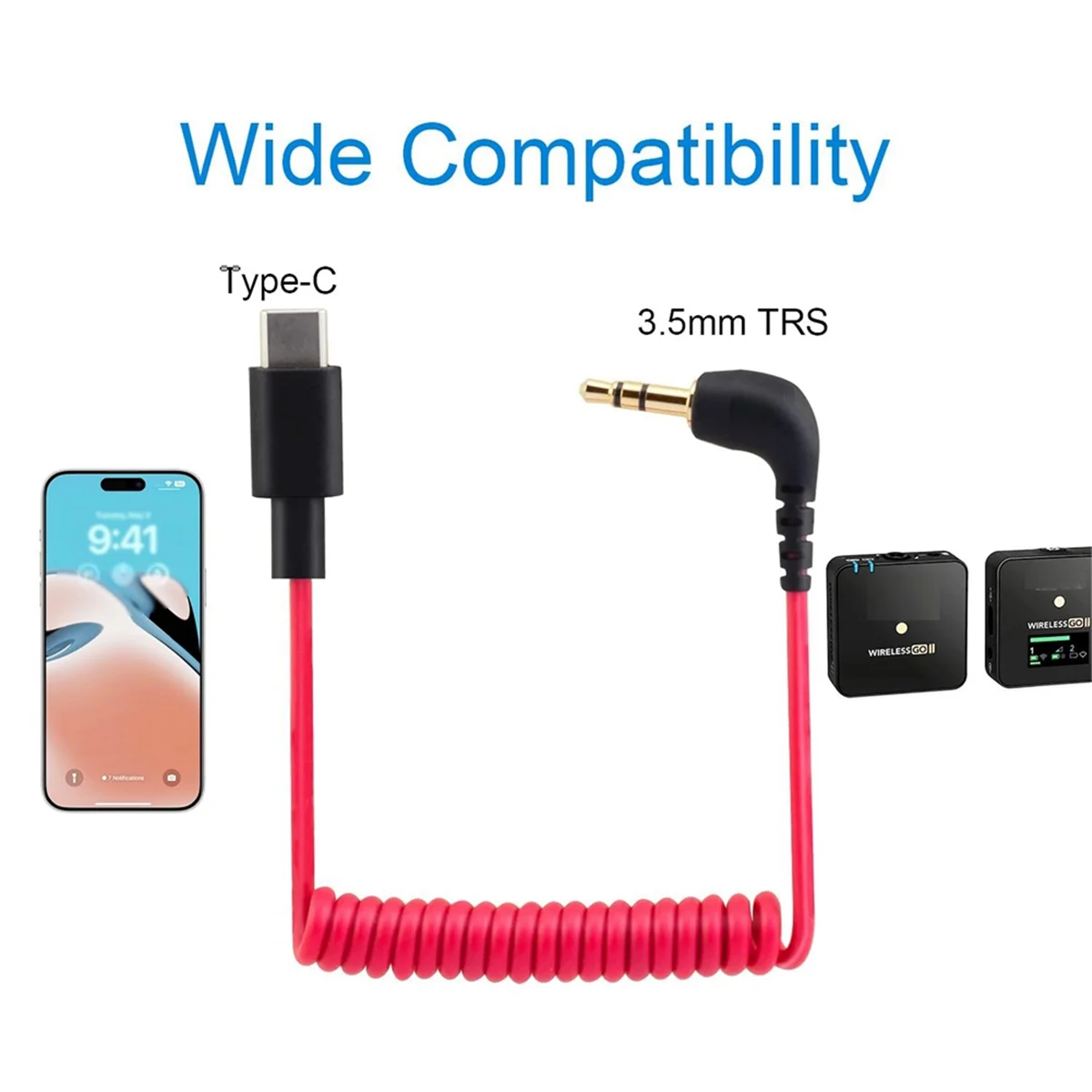 USB C para 3.5mm Cabo para RODE Wireless Go II, ângulo direito enrolado, TRS Masculino DAC AUX Adapter, Cabo de Áudio