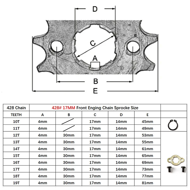 Motor dianteiro ATV de motocicleta 428 #   10T 11T 12T 13T 14T 15T 16T 17T 18T 19T Dentes 17mm 20mm Roda dentada de corrente com trava de placa de retenção