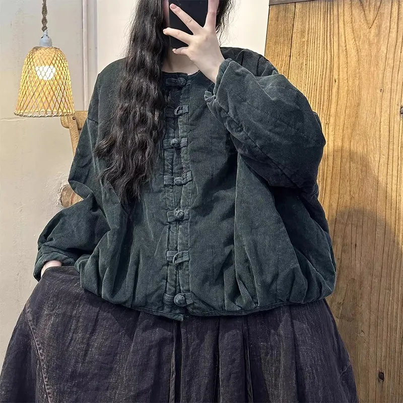 New Arrival 2023 Autumn Winter Arts Style Women Thicken Warm Cotton Liner Short Coat Vintage Single Breasted Loose Jacket P365