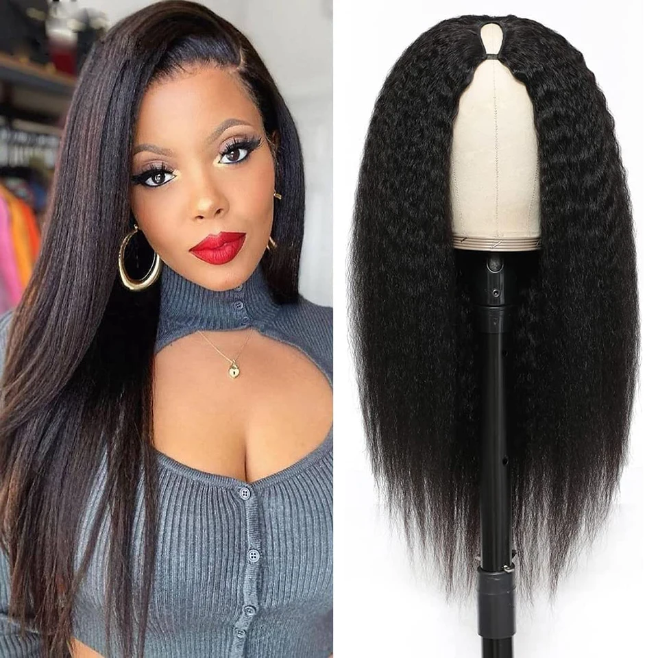 

V Part Wig Kinky Straight Human Hair Wigs For Women Yaki Straight No Leave Out Raw Indian Human Hair Cheap Wig On Clearance Sale