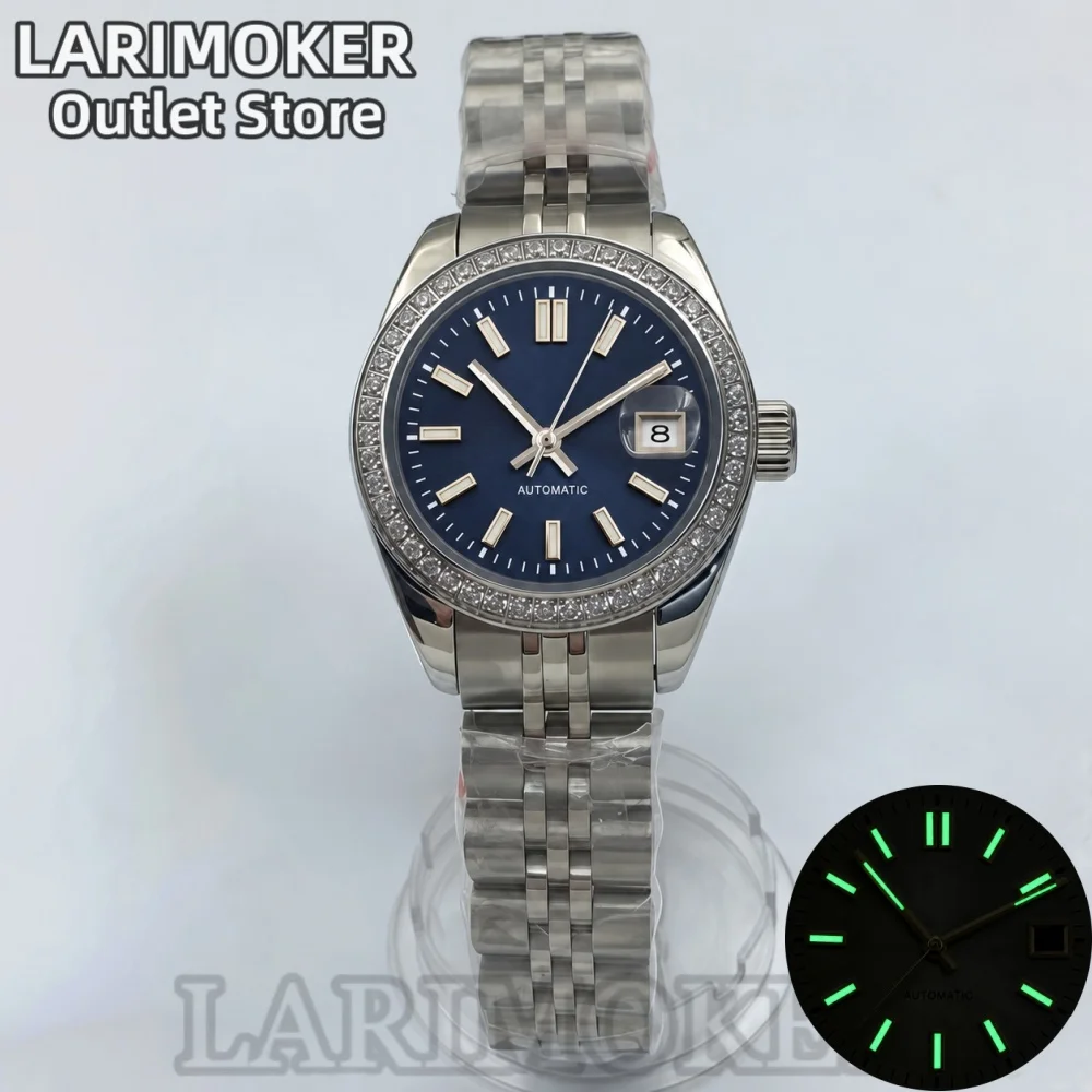LARIMOKER 28mm Ladies NH05 Automatic Watch Sapphire Glass Date Magnifier Crystal-Set Bezel Stainless Steel Band Water-Resistant