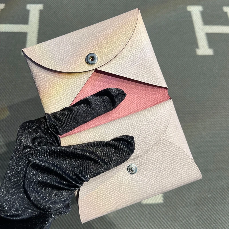 Genuine Cowhide Leather Key Coin Document Wallet Pink Sakura Floral Pattern Practical Functional  Size PU Leather Bag