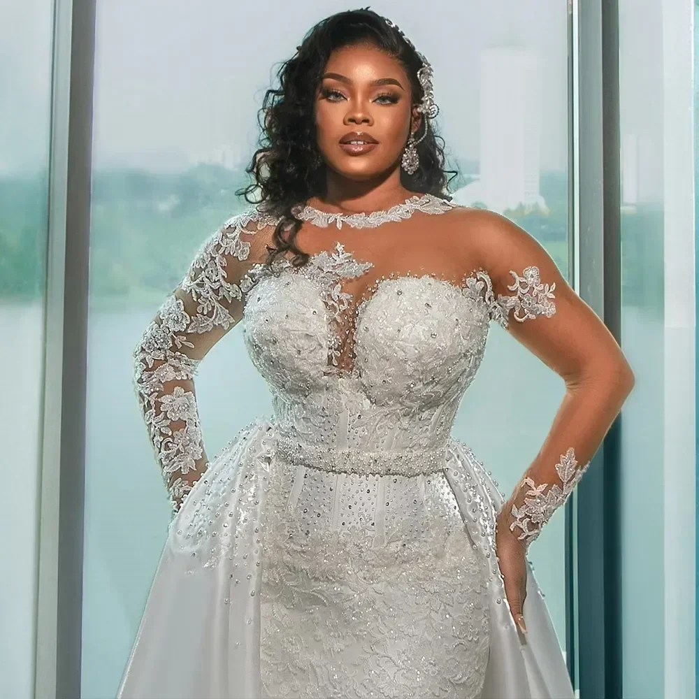 Luxury Arabic Mermaid Wedding Dresses Sheer O-neck Applique Beads Long Sleeves with Detachable Train African Bridal Gowns