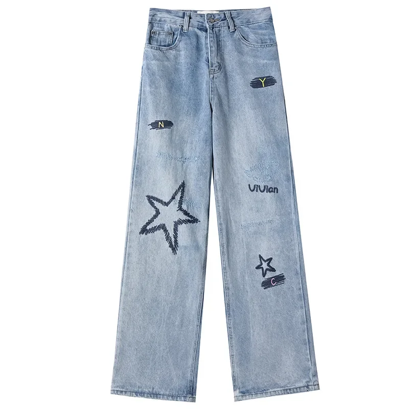 2023 New Women\'s Denim Pants Y2K Vintage Embroidery High Waist Jeans Women\'s Hip Hop Straight Leg Pants Wide Leg Pants Women