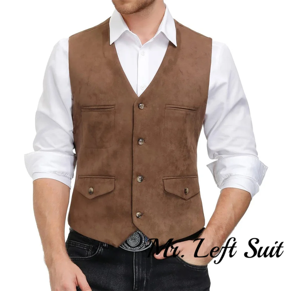 Men\'s Suede Leather Vest Casual V-Neck Single Breasted Slim Fit Western Cowboy Vest with Pockets Business Classic Vest Waistcoat