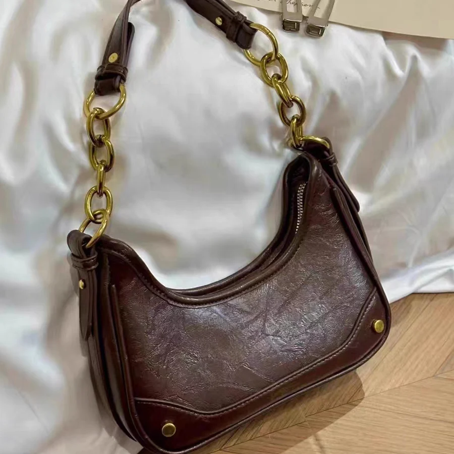 

Soft PU Leather Quality Underarm Bag Vintage Coffee Ladies Shoulder Crossbody Bag Commuter Armpit Handbag Chain Women's Tote Bag