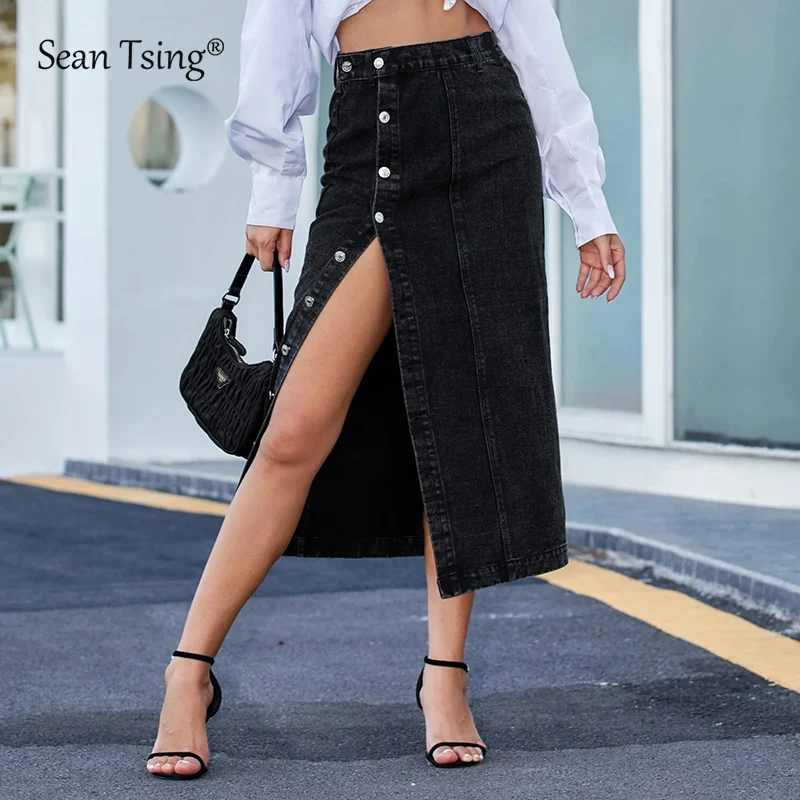 

Sean Tsing® Fashion Midi Denim Skirts Women High Waist Button Side-slit Design Solid Slim A-line Pencil Elegant Cowboys Skirt