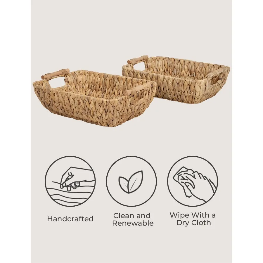 Hand-Woven Large Storage Baskets 2-Pack, Wooden Handle Water Hyacinth Wicker Organizer for Home Decor & Closet