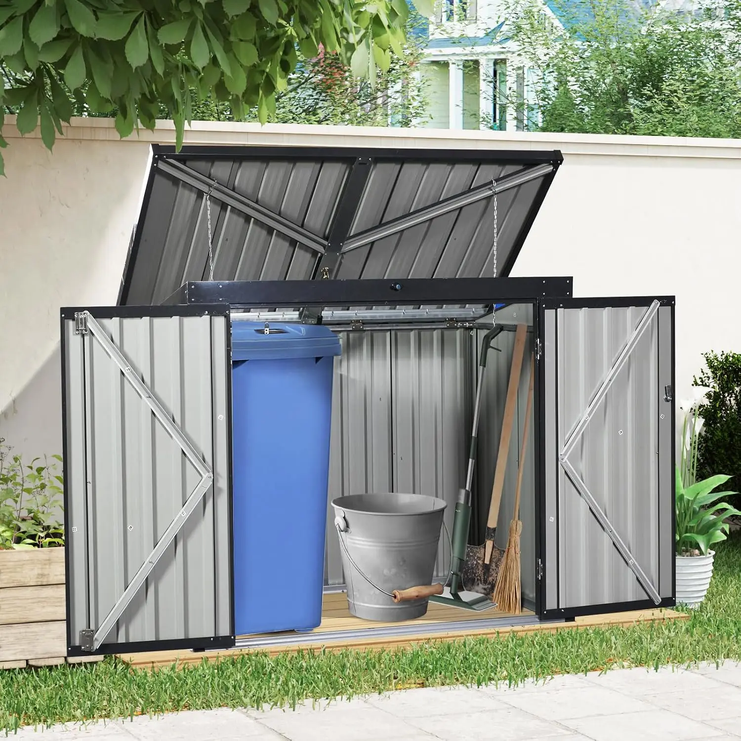 Galvanized Steel Outdoor Garbage Bin Shed 2 Trash Can Storage Sloping Roof Lockable Door Iron Chains Garden Yard, Customized
