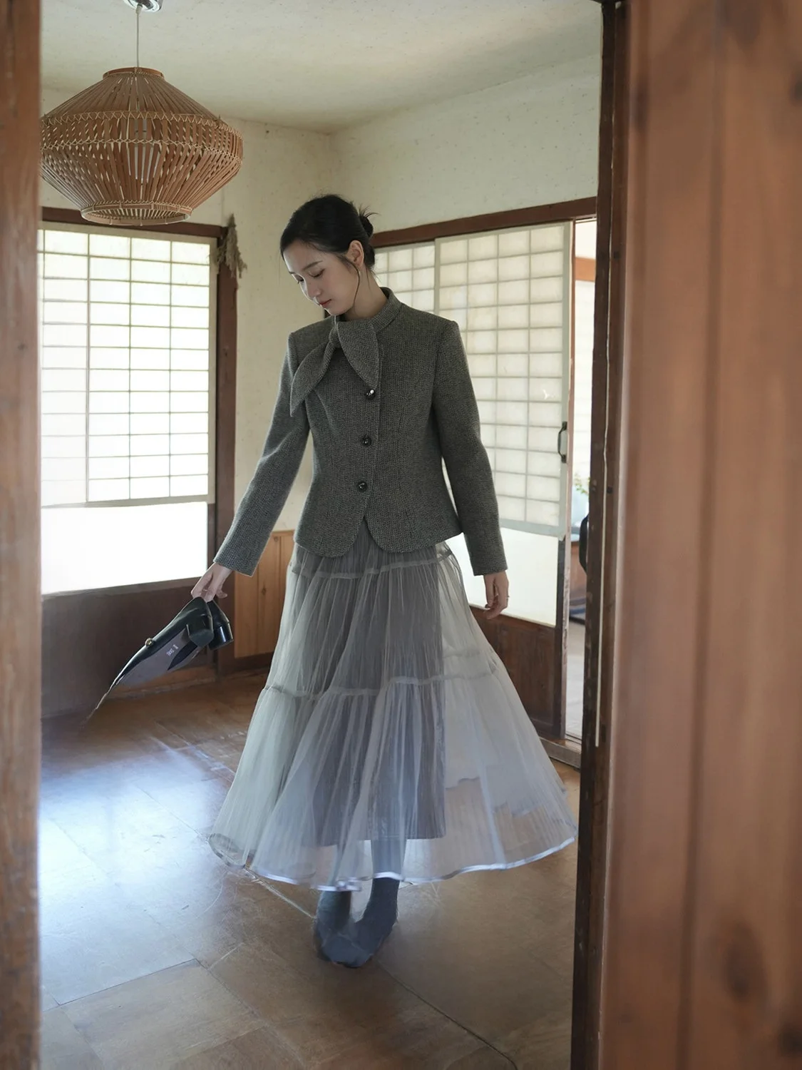 

Женский шерстяной жакет в стиле ретро с бантом, ручной работы, с цветочным узором, длинными рукавами, стандартной длины, на пуговицах