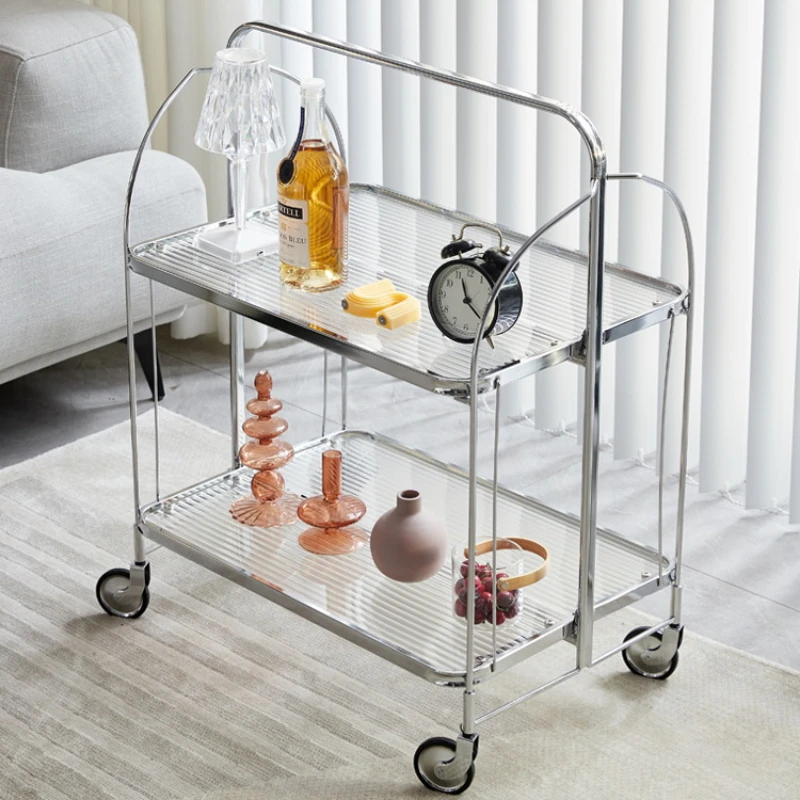 Transparent Glass Dining Car Trolley Home Kitchen Bar Wheel Table Foldable Side Table Living Room Bedroom Mobile Shelf