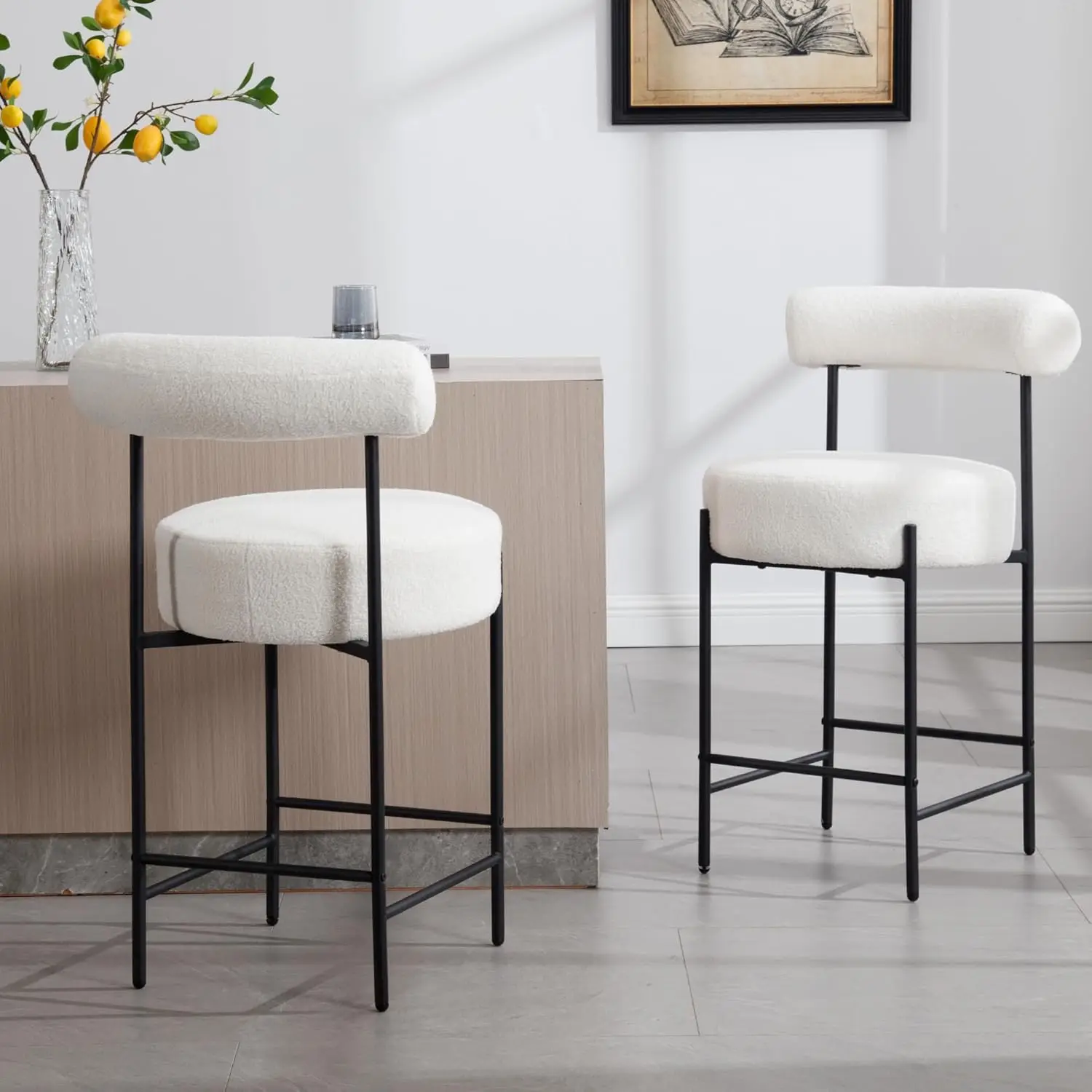 

Pair of Two White Sherpa Bar Stools with a Modern Boucle Design, Featuring a Curved Open Back, Round Seat, Metal Legs, And Footrest, Measuring 26 Inches, Perfect for Kitchen Islands, Home Bars, Or Bistros