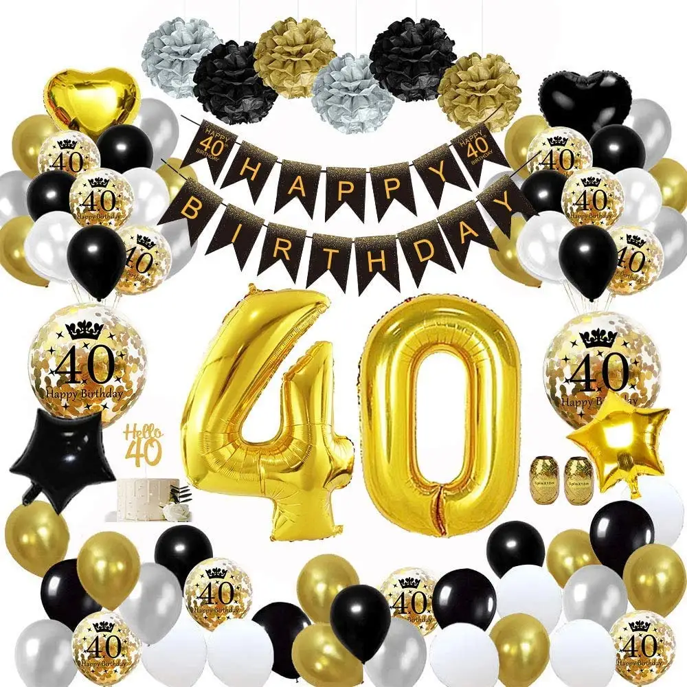 40th 50th 60th Birthday Decorations Women Men Birthday Party Supplies Black Gold Balloon Paper Pom Poms Happy Birthday Banner