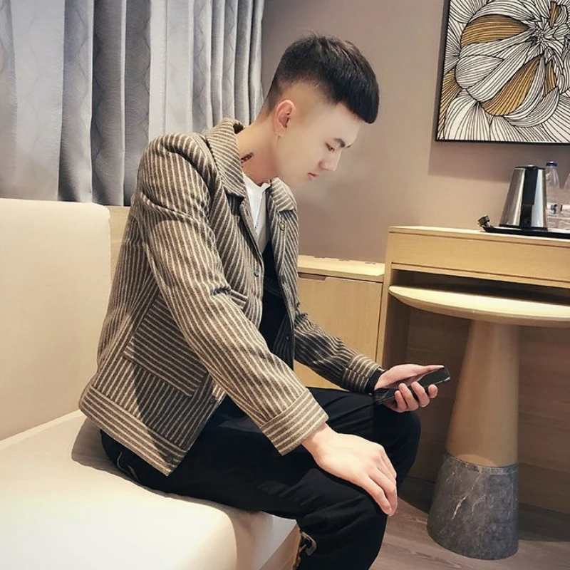 

Мужская весенне-осенняя шерстяная приталенная куртка в полоску в корейском стиле, повседневная рабочая одежда, элитная куртка премиум-класса Influencer