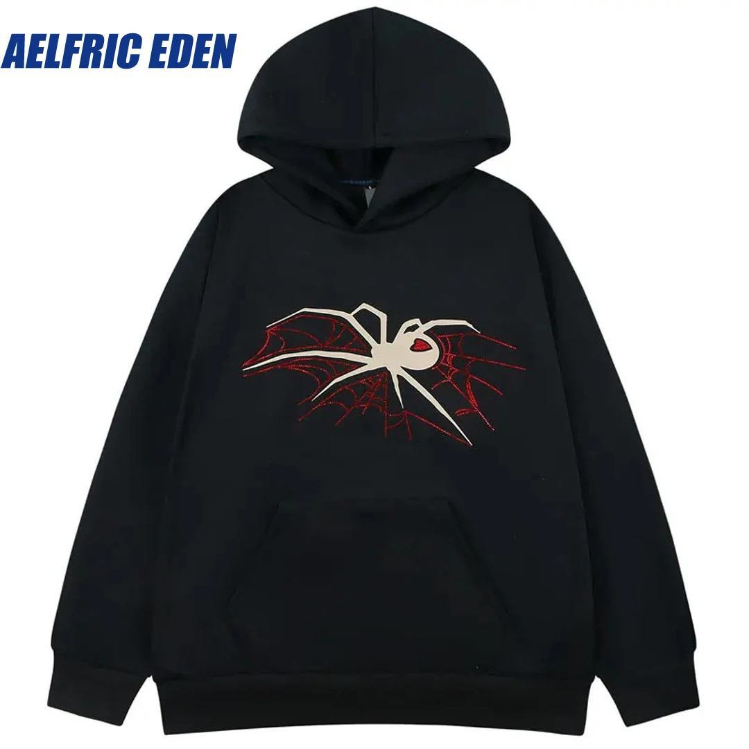 

Aelfric Eden Hip Hop Fleece Hoodie Y2K Rhinestones Spider Web Print Oversize Sweatshirt Streetwear Harajuku Punk Hooded Pullover