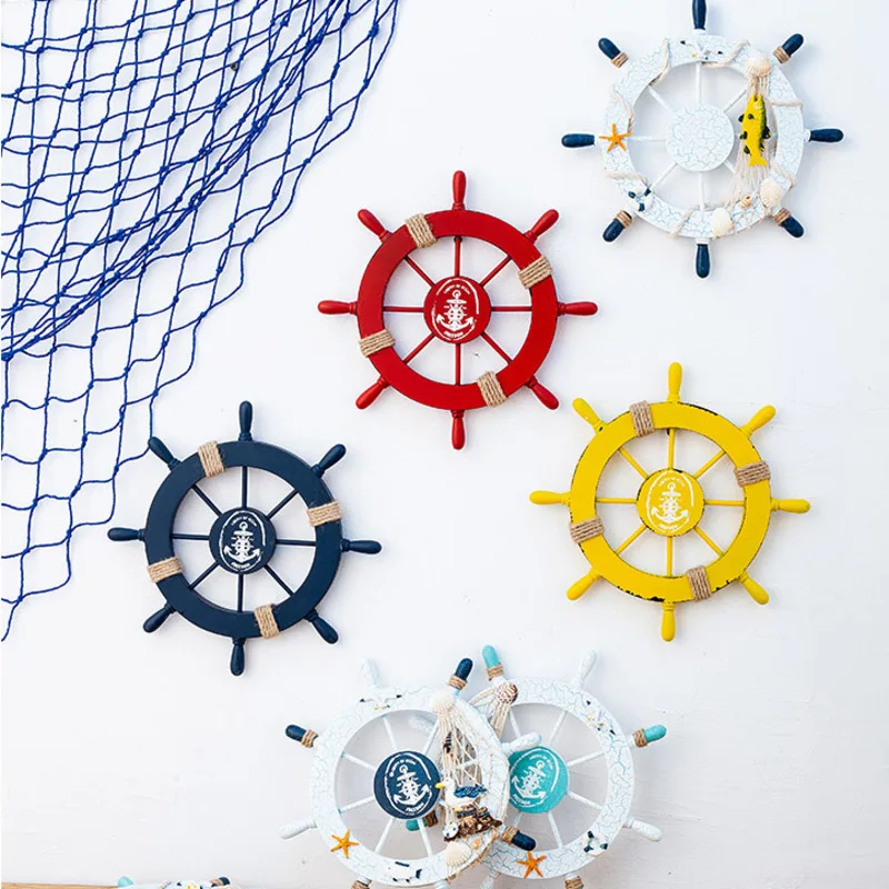 Mediterranean Navigation Style Wall Hanging Pendant Wooden Ship Rudder Fishnet Anchor Boys Bedroom Home Decor