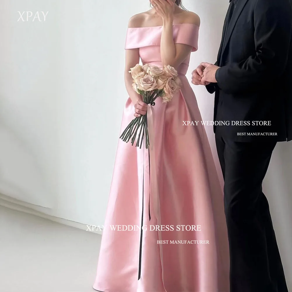 

XPAY Satin A-Line Pink Evening Party Dresses Korea Detachable shawl Lace-up Wedding Women Gowns Event Prom Gowns Customized