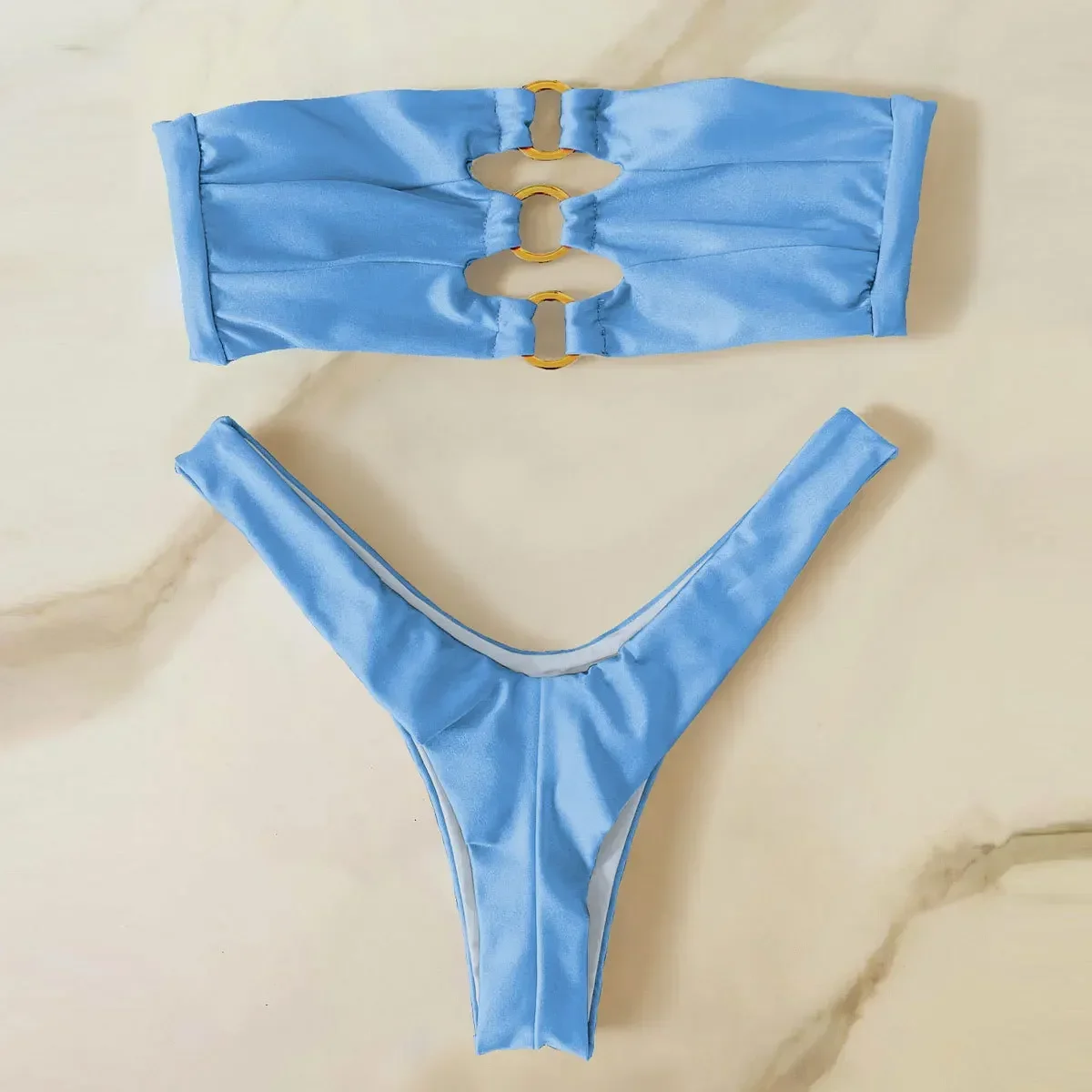 

2025 new Sexy Metal Ring Brazilian Bikini Sets Thong Swimsuit Women Swimwear Micro Bikinis Beachwear Solid Bathing Suits Bandeau