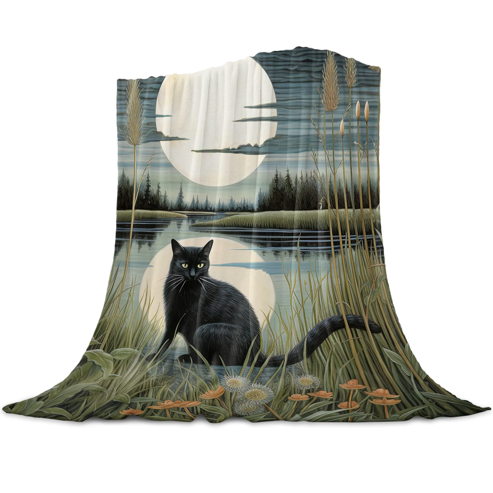 Cat Moon Jungle Reflection Throws Blankets for Sofa Bed Winter Soft Plush Warm Sofa Throw Blanket Holiday Gifts