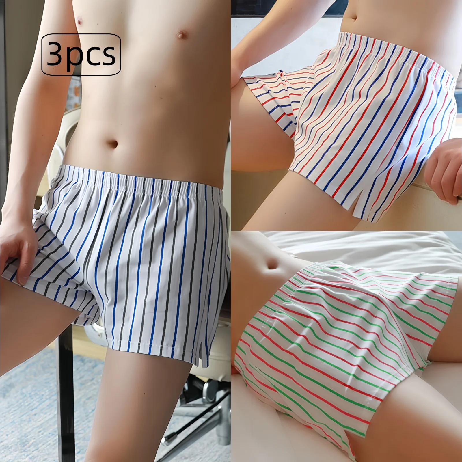 Three-Pack of Men's Comfortable Cotton Breathable Simple Striped Boxer Briefs, Skin-Friendly Extended Length Suitable for Wearing Outside, Home Leisure and Sports