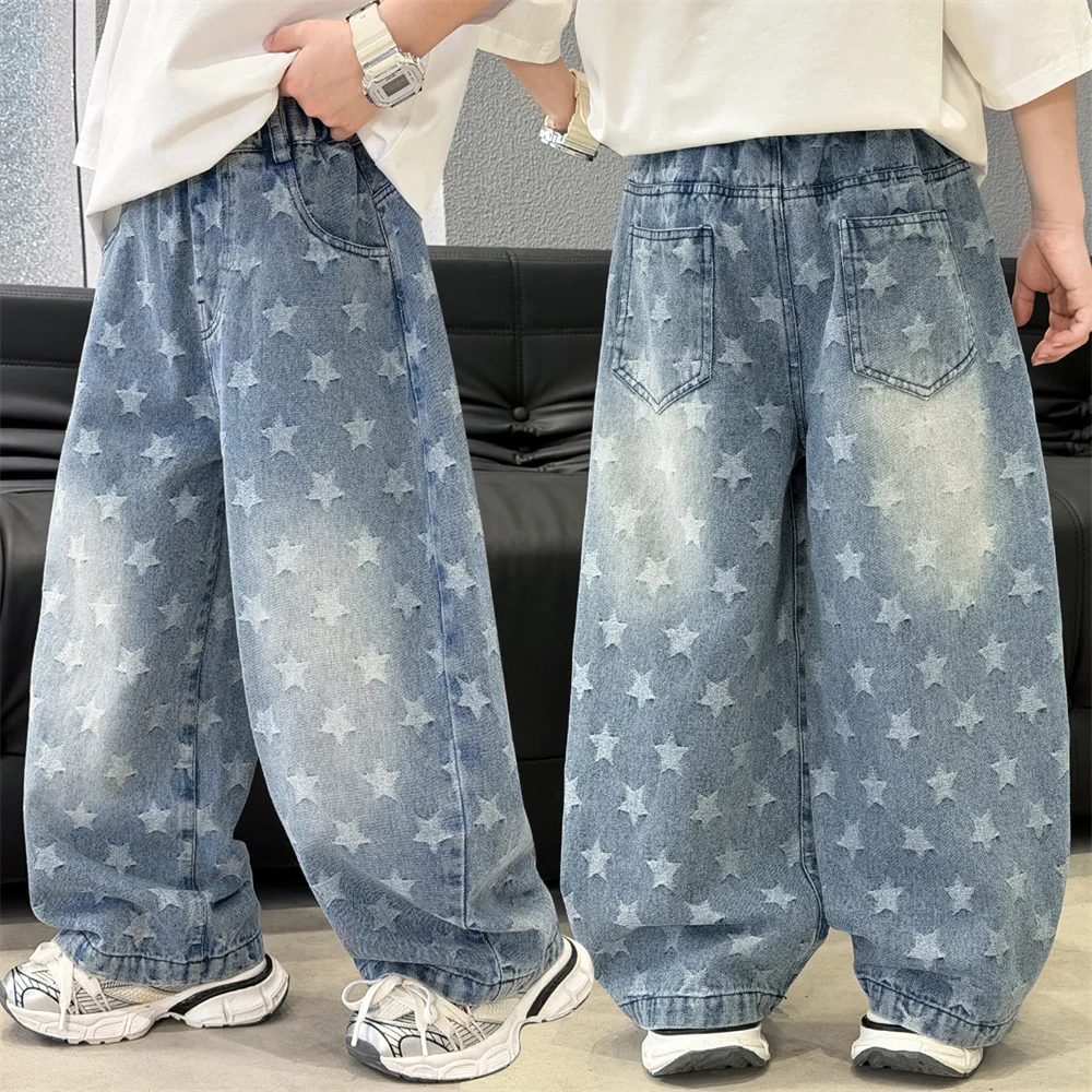 Light Weight Boy Summer Baggy Jeans with Stars Pattern Kids Children Stylish Summer Denim Pants Age 7 8 9 10 11 12 13 14 15 16 Y