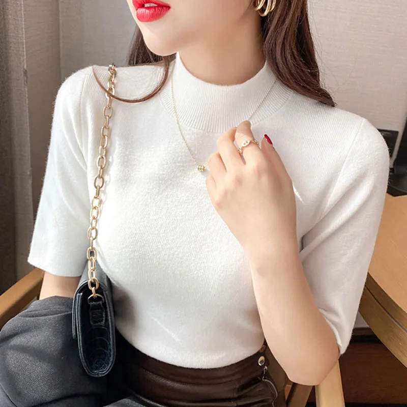 Knitted T Shirt For Women Short Sleeve Tshirts Spring Summer Casual Tops Half high Collar Pullover Tees Woman Clothing Camisetas