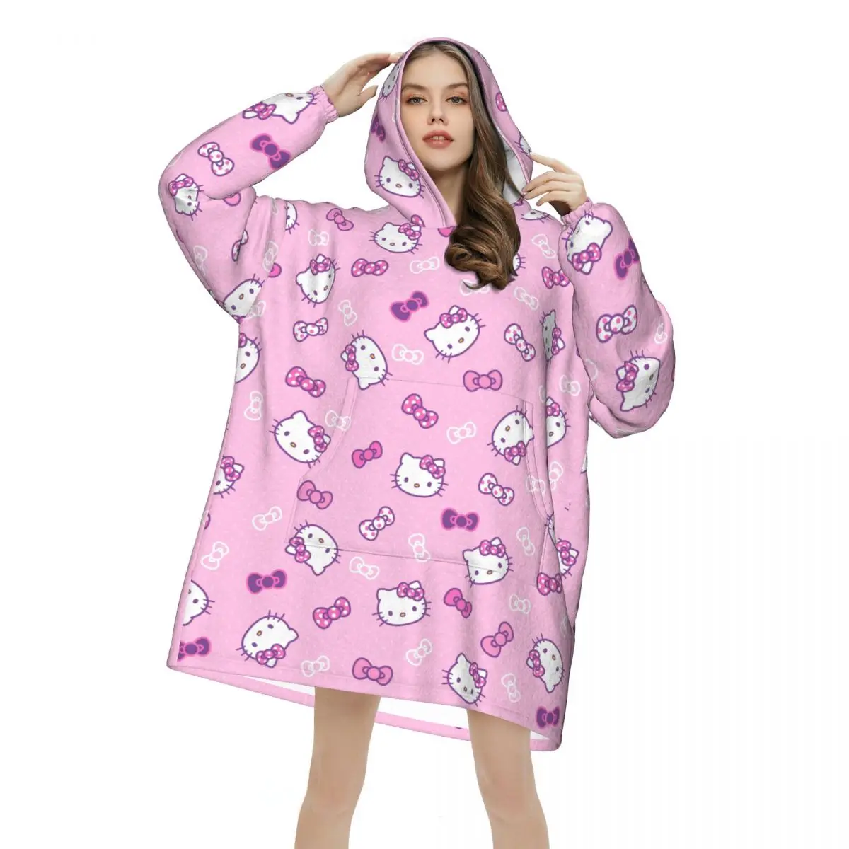 Sanrio Hello Kitty Camisola extragrande com bolso para mulheres, Hoodie Wearable, pijama branco