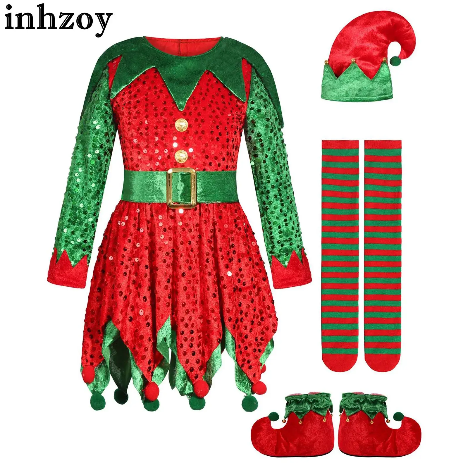 Kids Girls Christmas Elf Costume Dress with Belt Hat Stocking Shoes Covers Xmas New Year Carnival Santa Helper Cosplay Clothes