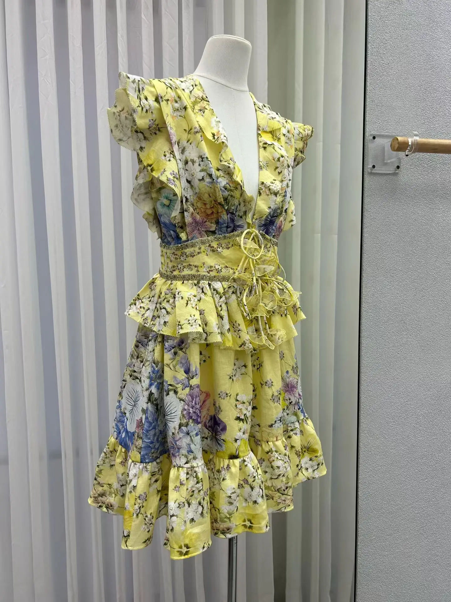 زهرة طباعة المرأة سترة صفراء فستان كريستال مطرز الخامس الرقبة تحلق كم عالية الخصر عطلة السيدات 100% الكتان رداء صغير #3