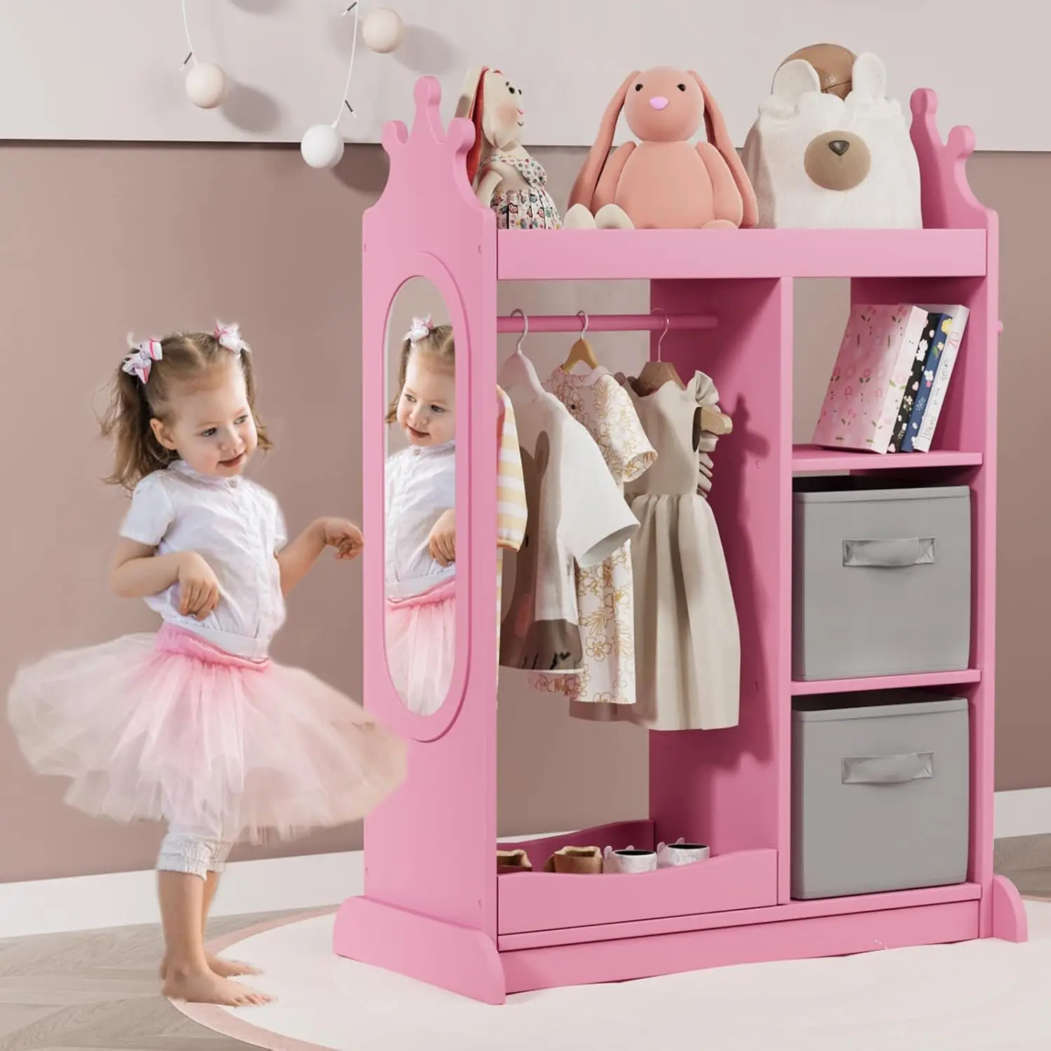 Mirror, Open Dress Up Storage Kids Armoire Wardrobe with 3 Tier Storage Shelf,2 Fabric Storage,Shoe Rack, Kids Dress Up Rack for