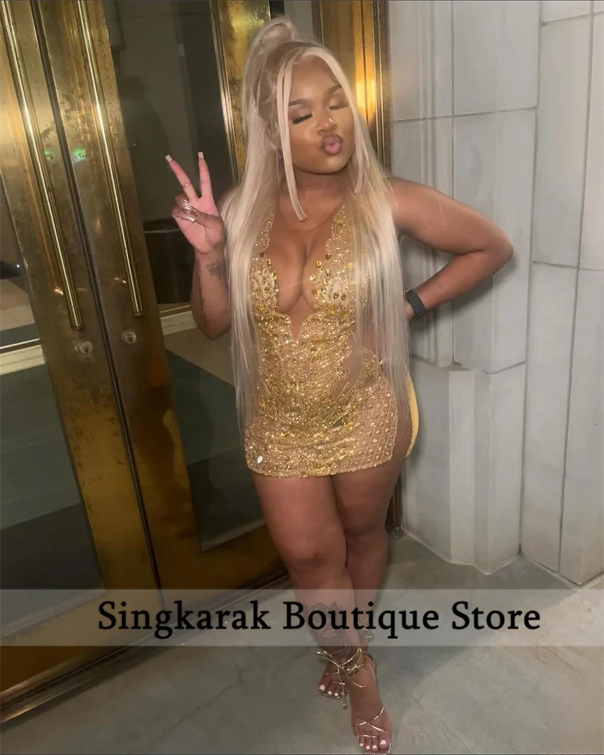 Glitter Gold Diamonds Prom Dresses Halter Beads Rhinestone Crystal Senior Birthday Cocktail Party Homecoming Customized 