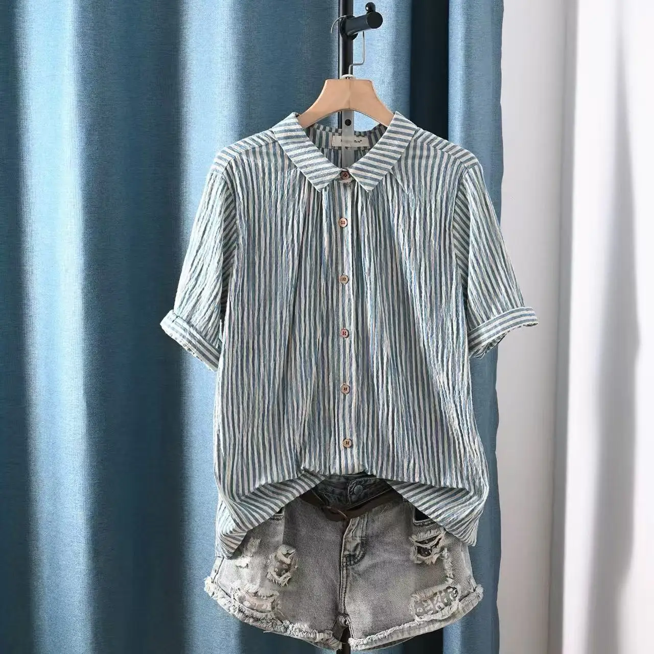 2026 Women's Vintage Striped Cotton Yarn Button Down Shirt, Short Sleeve Casual Loose Blouse Japanese Style Ladies Tops