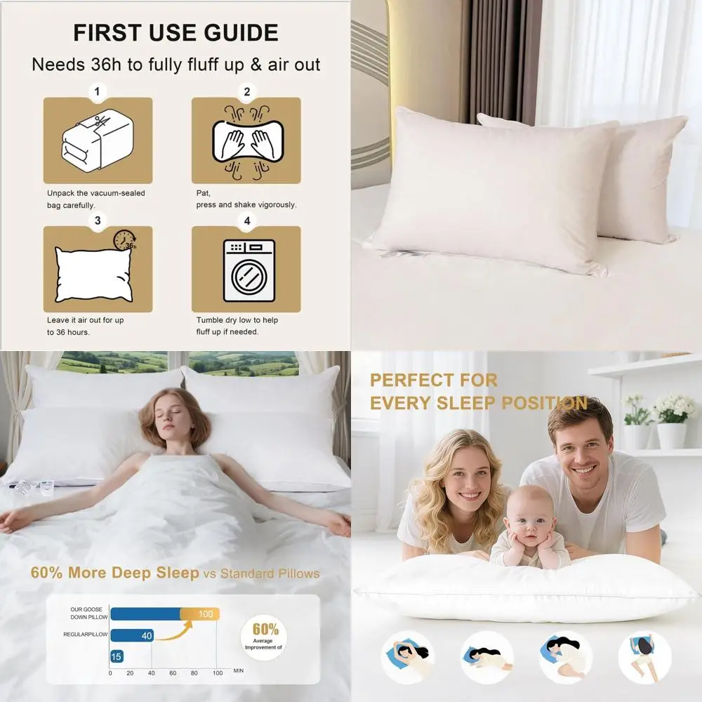 

Queen Size Goose Down Pillows Set of 2 - Ultra Soft, Hotel-Quality Sleep Pillows for Comfortable Rest, Suitable for Various Slee