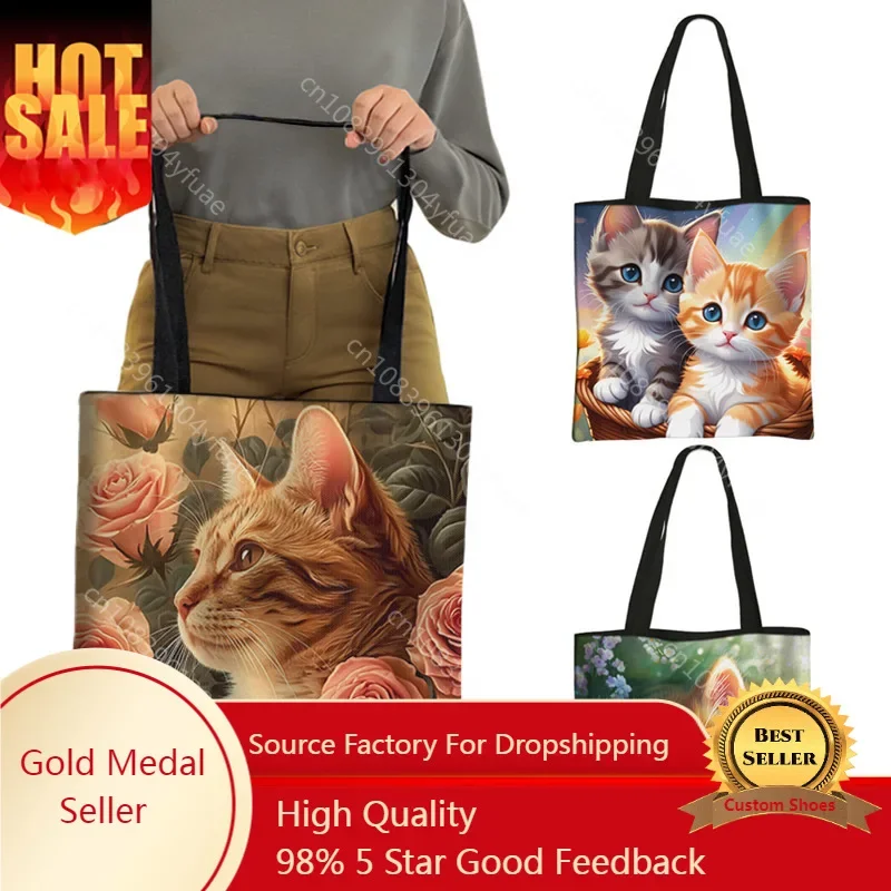 Cartoon Flower Cat Print Tote Bags Cute Kitten Cats Baby Women Handbag Shoulder Bag Large Capacity Storage Bags Grocery Bag Gift