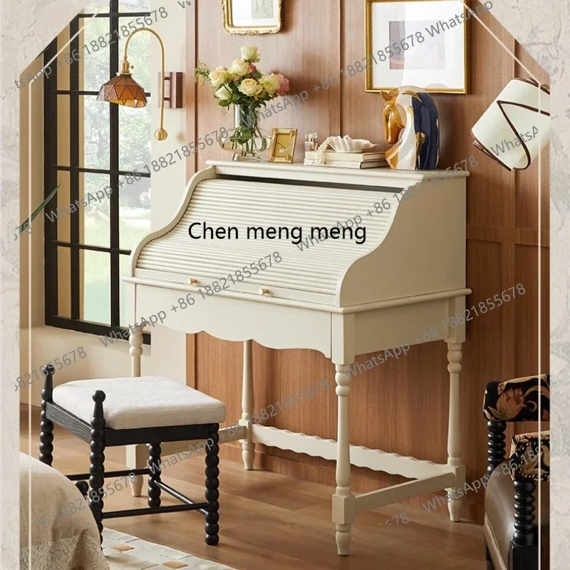 P178 طاولة زينة من الخشب الصلب على الطراز الكريمي من العصور الوسطى، طاولة زينة متكاملة لغرفة النوم، طاولة زينة فرنسية قديمة #2