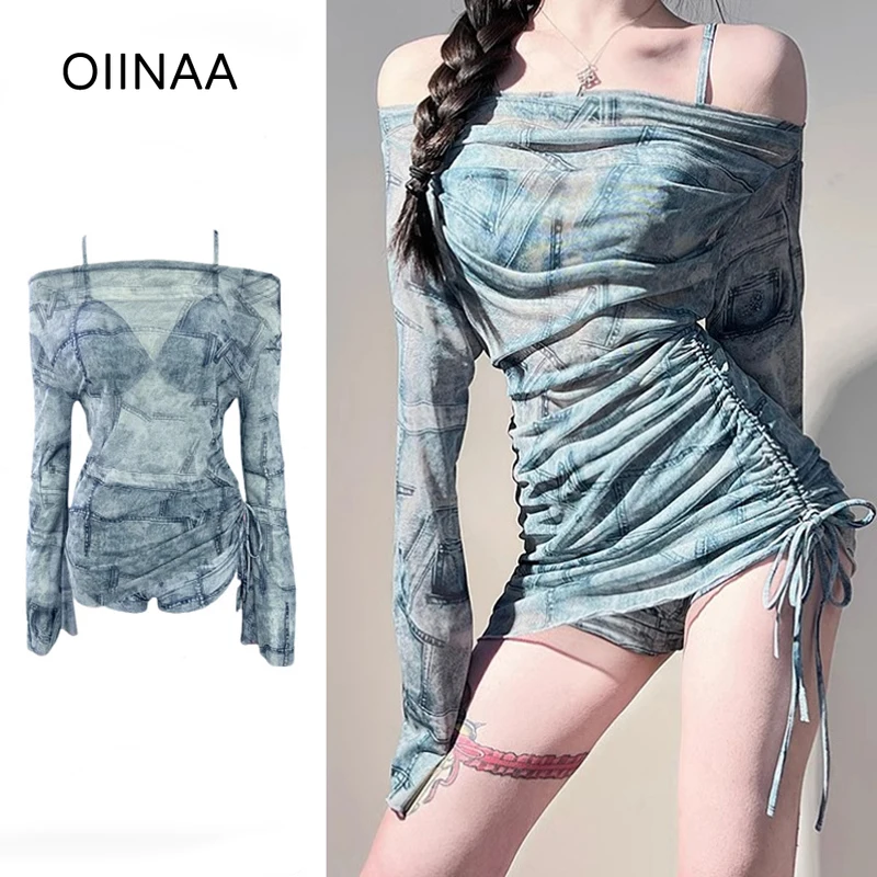 

OIINAA Sexy Bathing Suit Women Mesh Drawstring Cover-Ups Print Vintage Split Swimsuit Summer 2025 New Korean Hot Spring Swimwear