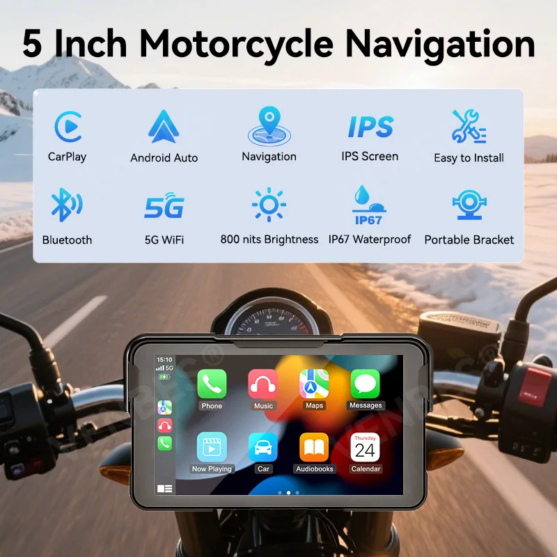 VENBES 5 بوصة دراجة نارية الملاحة اللاسلكية CarPlay Android Auto IPX7 شاشة موتو مراقب المحمولة