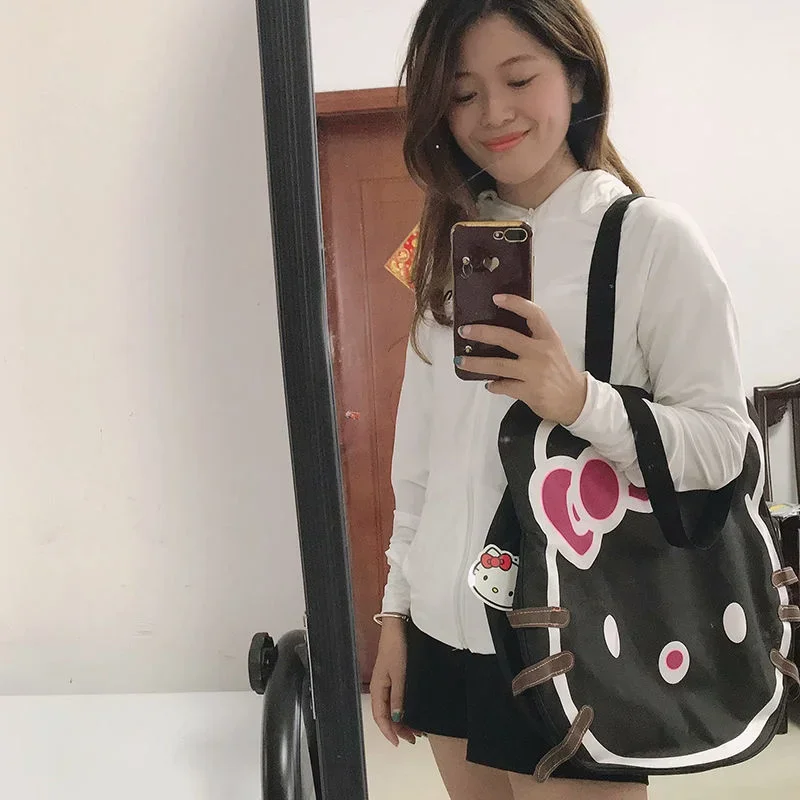 Hello Kitty borsa grande casual in tela da donna ins borsa a tracolla semplice di grande capacità borsa per la spesa versione coreana tote bag