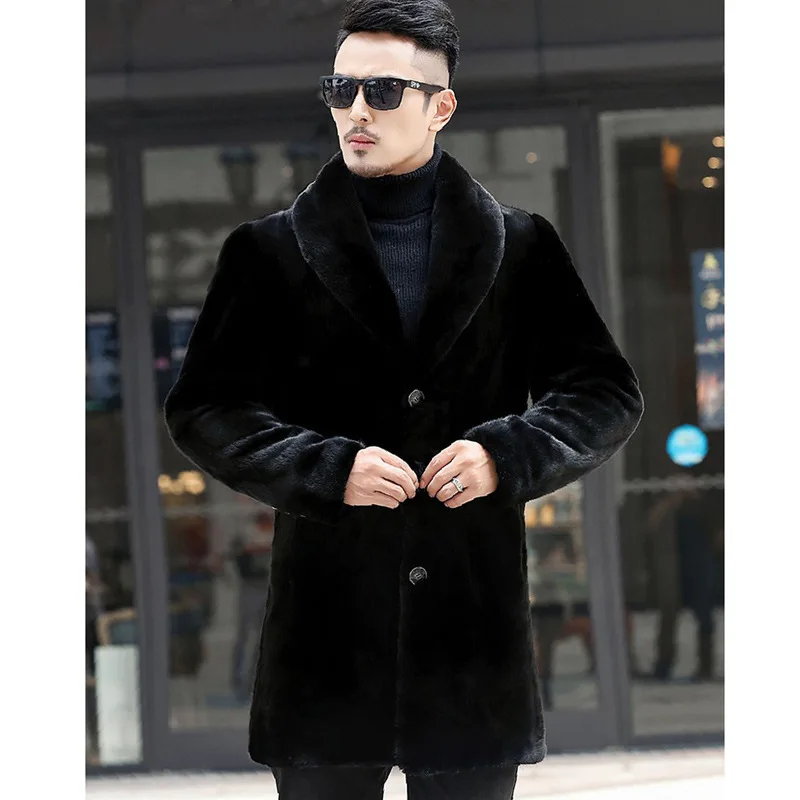 Winter Mid Length Fur Jacket Men Coat Long Sleeve Single-breasted Faux Fur Coat Windbreaker Windproof Thick Pockets Snow Clothes