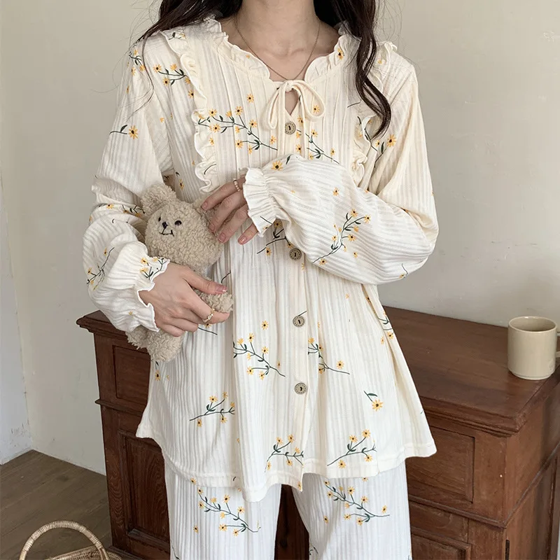 Autumn Knitted Cotton Leisure Lounge Wear Pajamas Woman Fashion Sleepewear Suit Long Sleeve Print Female Loungewear New Models