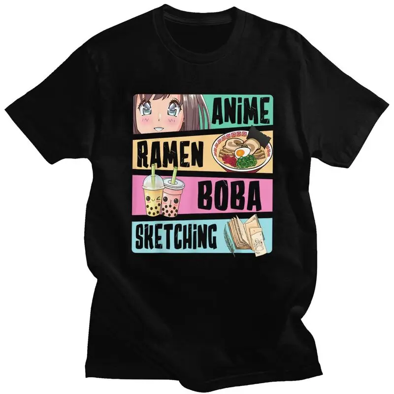 Custom Anime Ramen Boba Sketching T Shirt for Men 100% Cotton Tshirt Leisure Tee Short Sleeves T-shirt