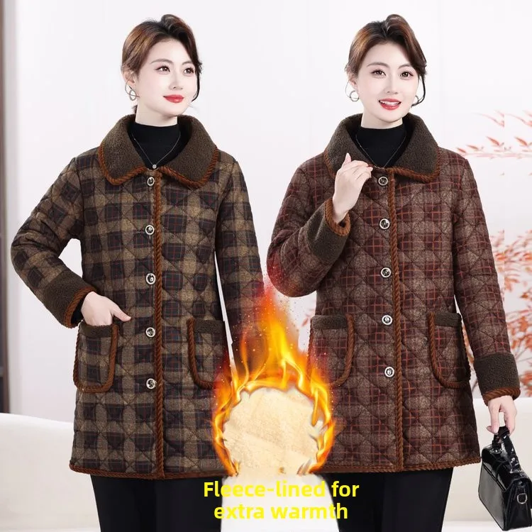 

Зимняя теплая куртка в клетку из хлопка с флисовой подкладкой, повседневное теплое пальто с отложным воротником, большие размеры, одежда для мам, женская мода