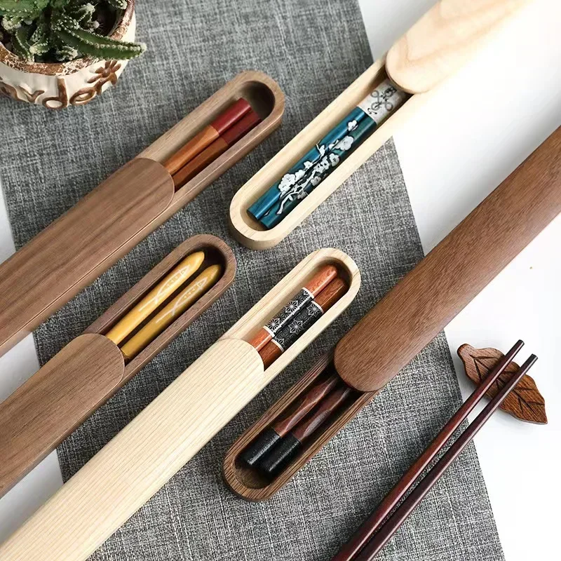 

Japanese Black Walnut Chopsticks Box Sliding Drawer Cutlery Case Student Chopstick Storage Portable Box Elegant Dining Accessory