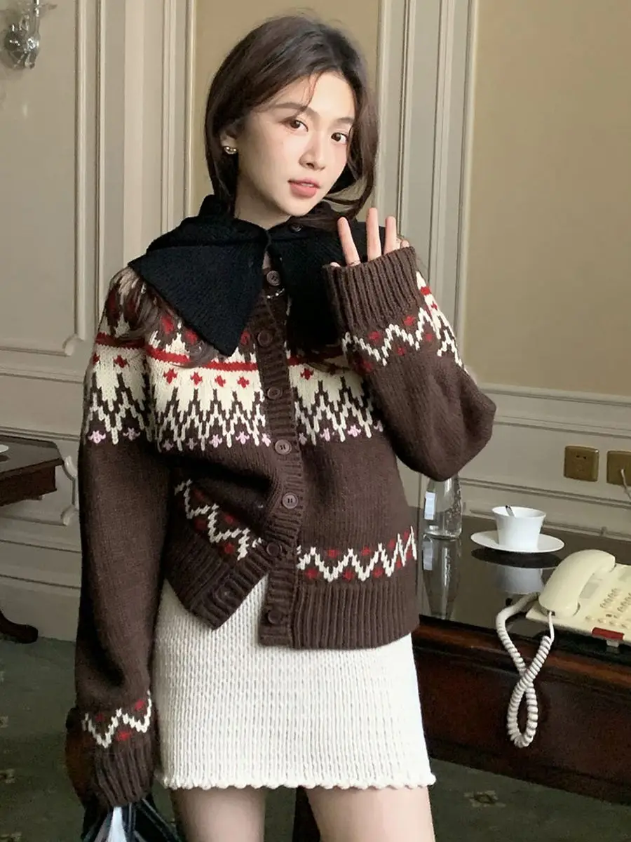 Fairy Island Vintage Sweater Coats Sweet Elegant Lady Autumn Winter O-Neck Jersey Jumper Casual Thick Harajuku Loose Outerwear