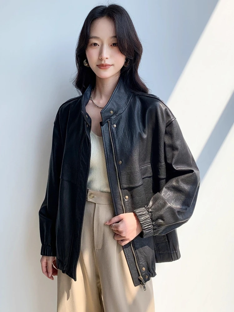 여성을위한 빈티지 정품 가죽 카고 재킷 봄 가을 하이 엔드 단순 스탠드 칼라 느슨한 부드러운 블랙 진짜 양피 코트